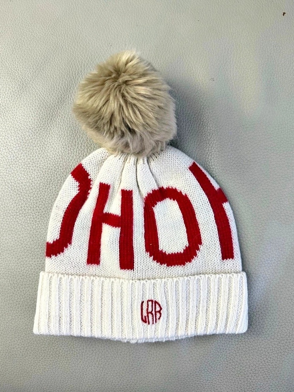 Mark & Graham Faux Fur Pom Beanie White & Red